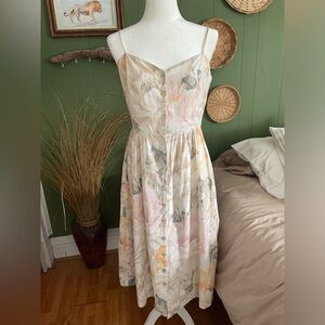 Cream Floral Linen Midi Dress